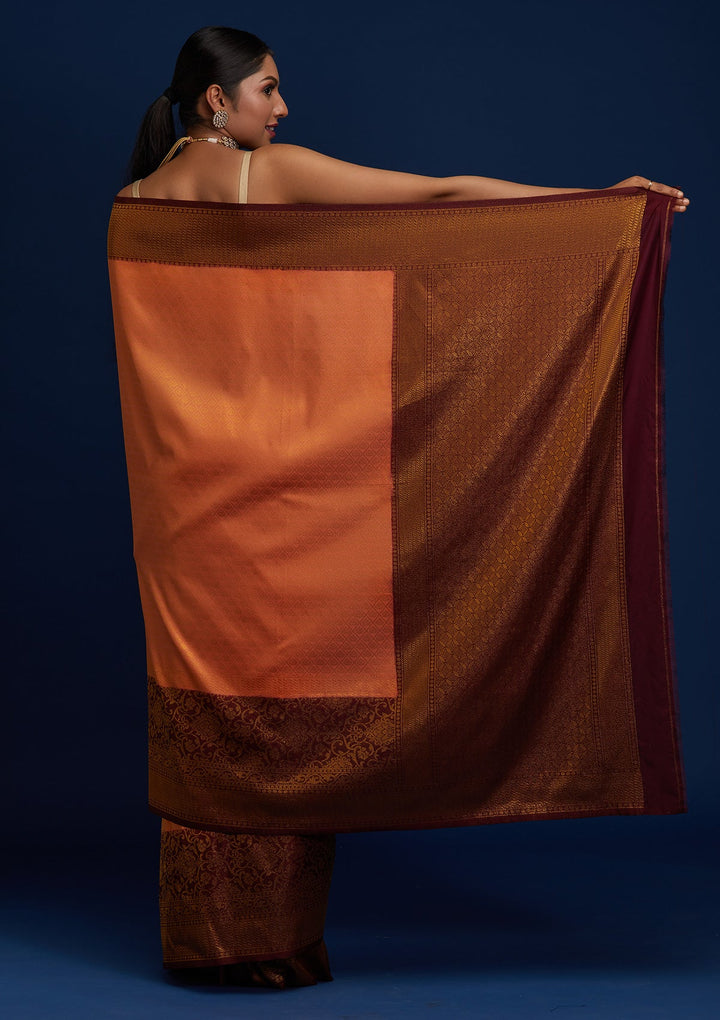 Peach Zariwork Art Silk Designer Saree - Koskii