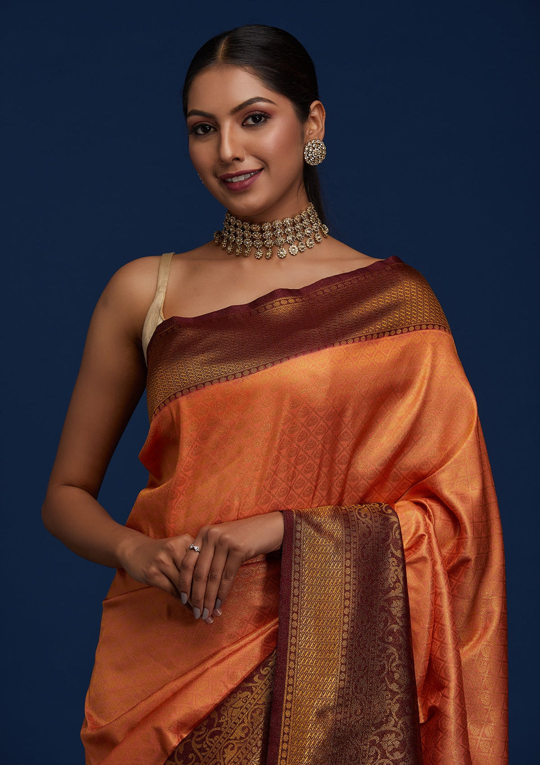 Peach Zariwork Art Silk Designer Saree - Koskii