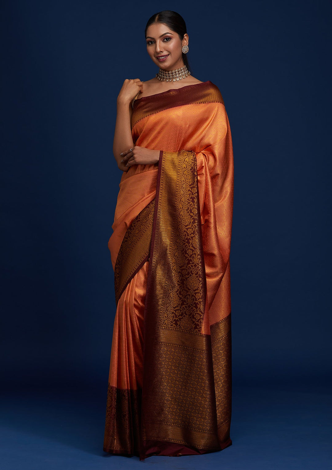 Peach Zariwork Art Silk Designer Saree - Koskii