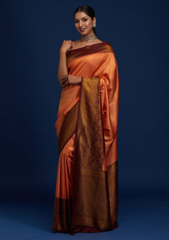 Peach Zariwork Art Silk Designer Saree - Koskii