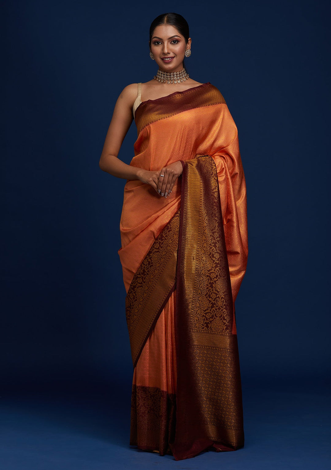 Peach Zariwork Art Silk Designer Saree - Koskii