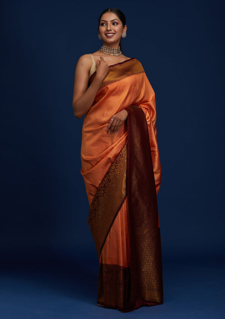 Peach Zariwork Art Silk Designer Saree - Koskii