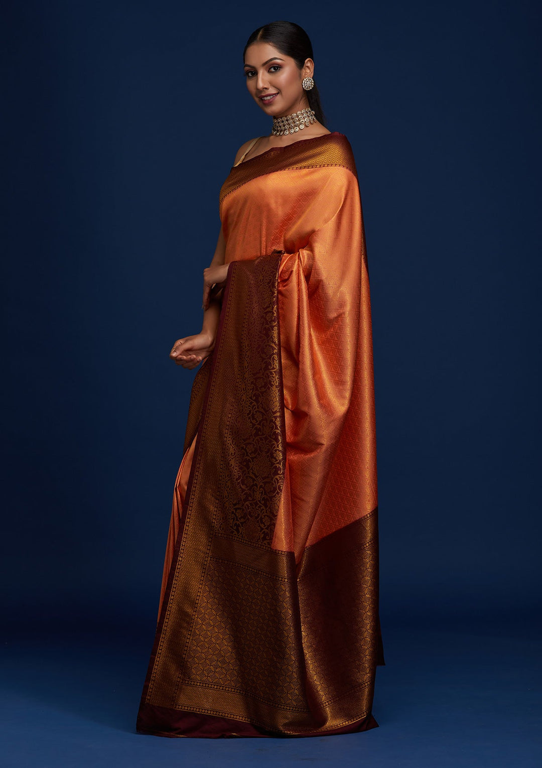 Peach Zariwork Art Silk Designer Saree - Koskii