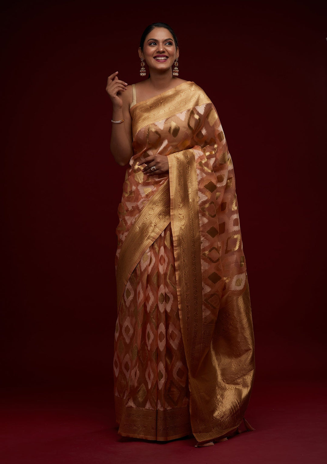 Peach Zariwork Art Silk Designer Saree - Koskii