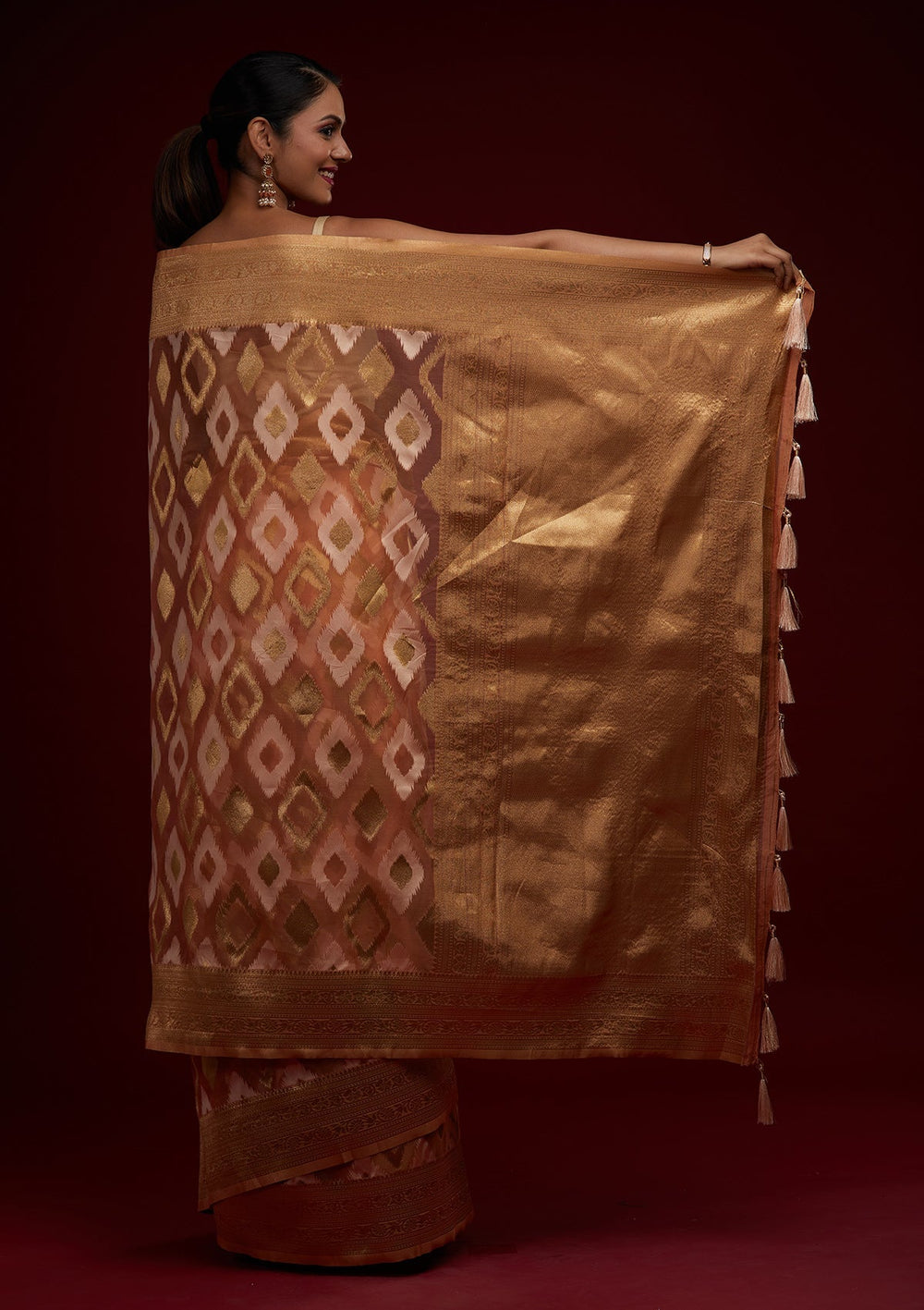 Peach Zariwork Art Silk Designer Saree - Koskii