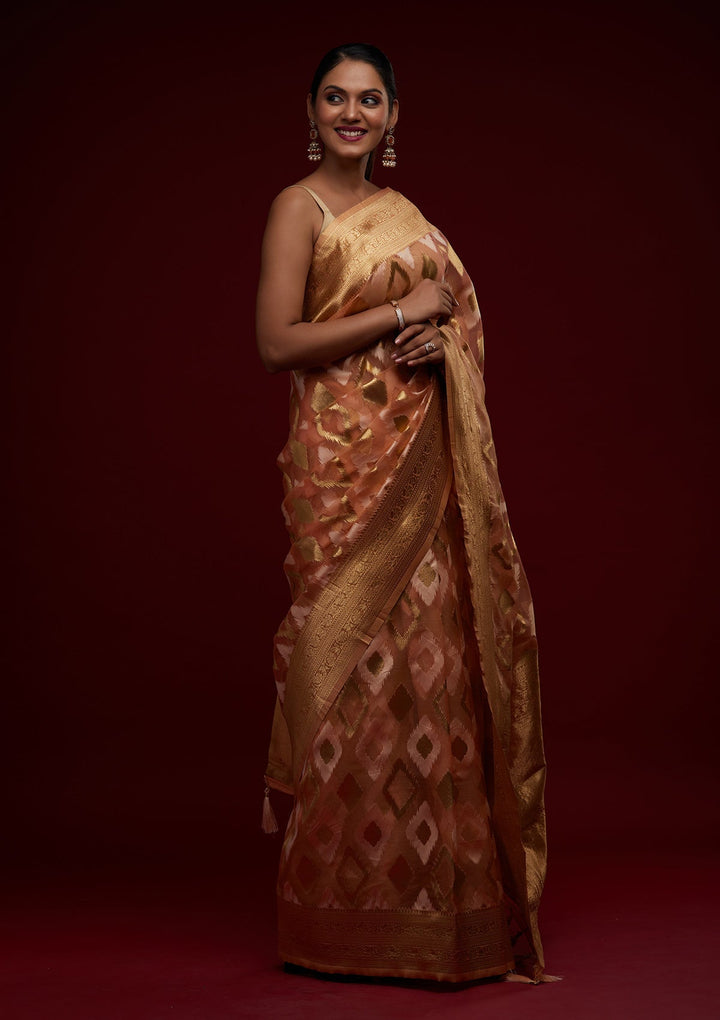 Peach Zariwork Art Silk Designer Saree - Koskii