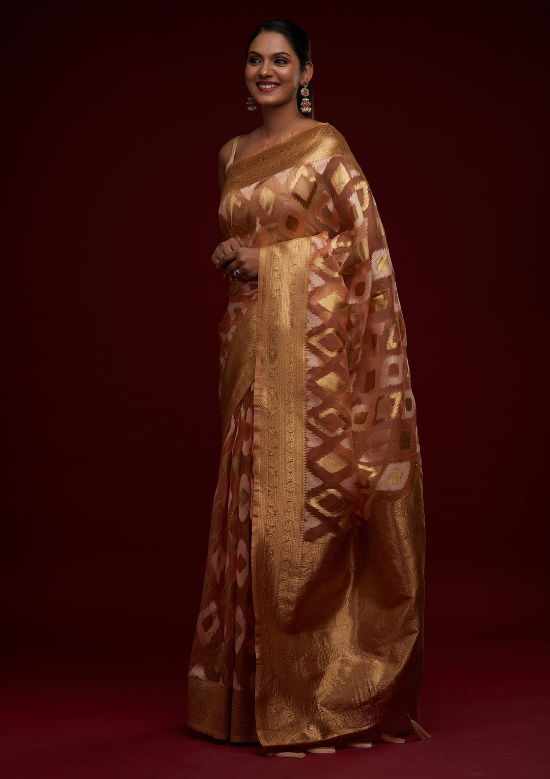Peach Zariwork Art Silk Designer Saree - Koskii