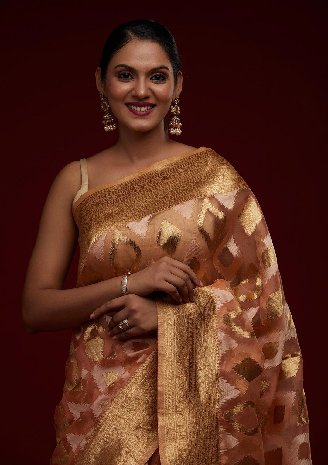 Peach Zariwork Art Silk Designer Saree - Koskii