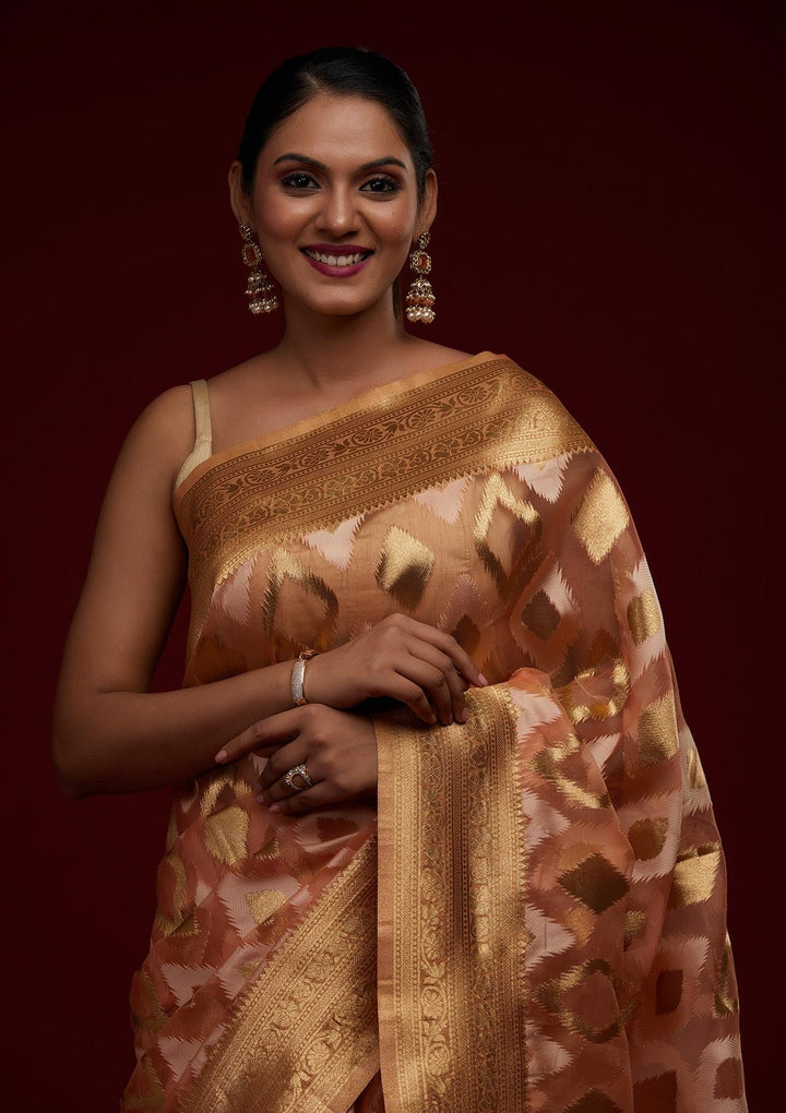 Peach Zariwork Art Silk Designer Saree - Koskii