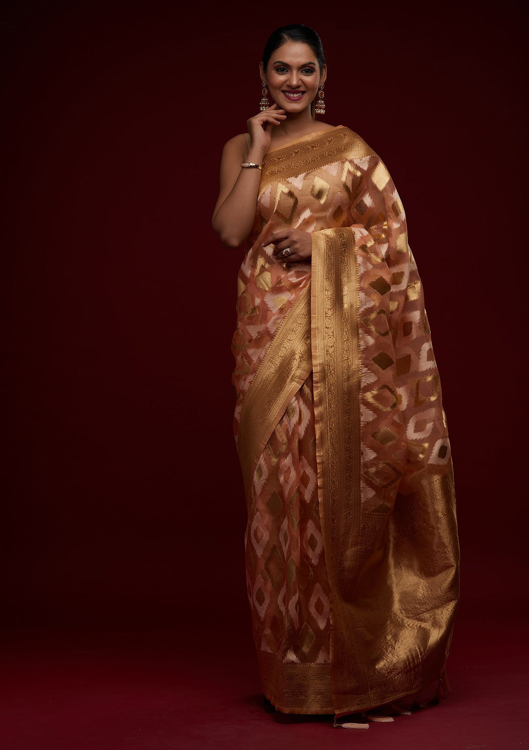 Peach Zariwork Art Silk Designer Saree - Koskii
