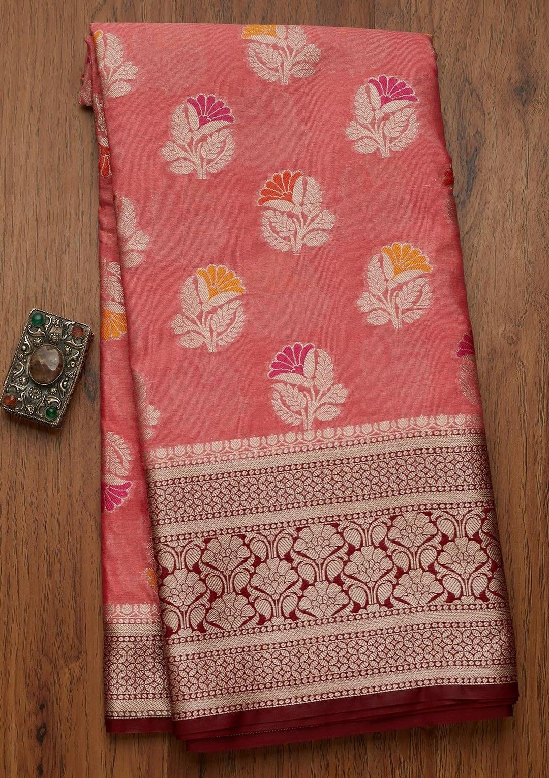 Peach Zariwork Art Silk Saree- Koskii