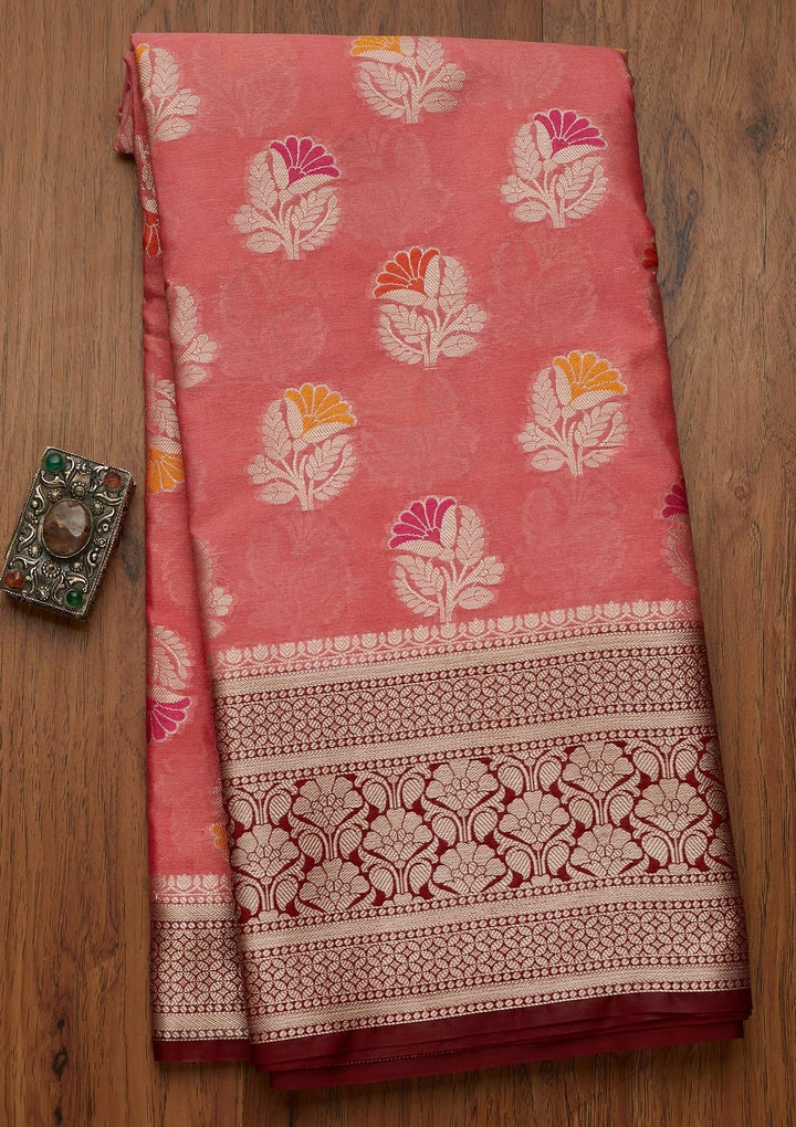 Peach Zariwork Art Silk Saree- Koskii