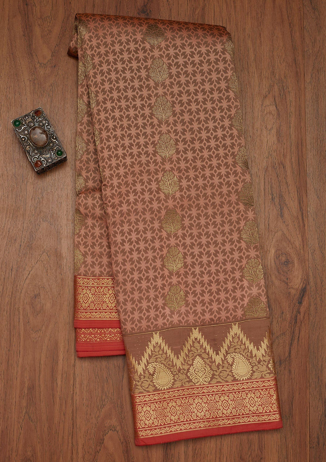 Peach Zariwork Art Silk Designer Saree - Koskii
