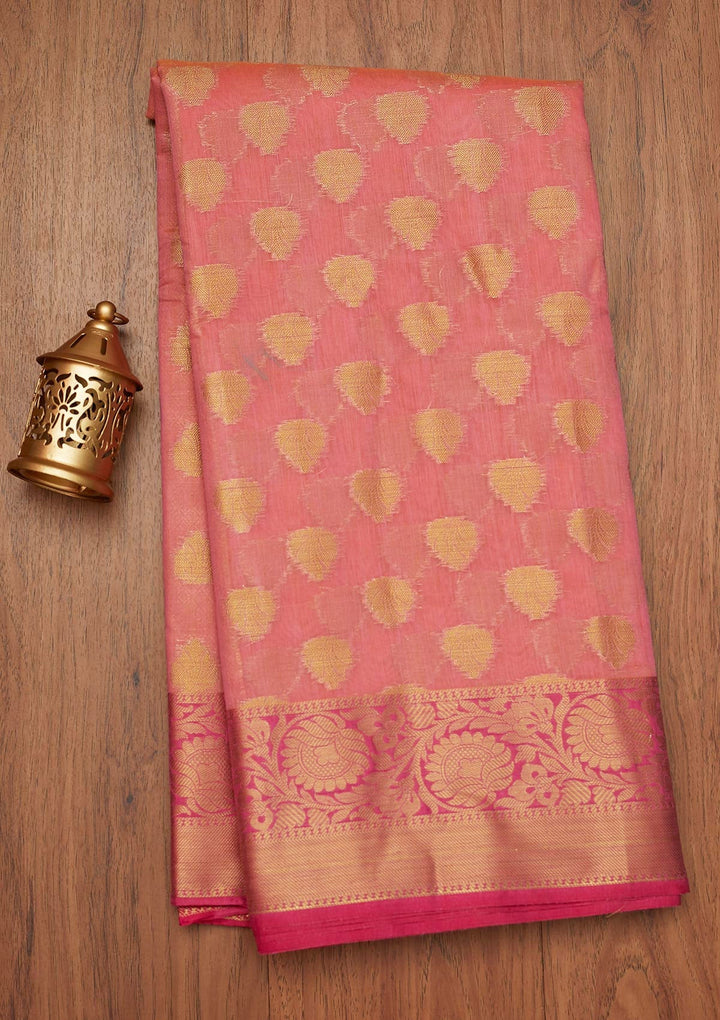 Peach Zariwork Art Silk Saree- Koskii