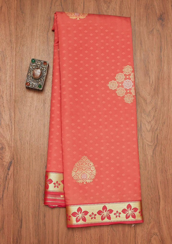 Peach Zariwork Art Silk Saree- Koskii