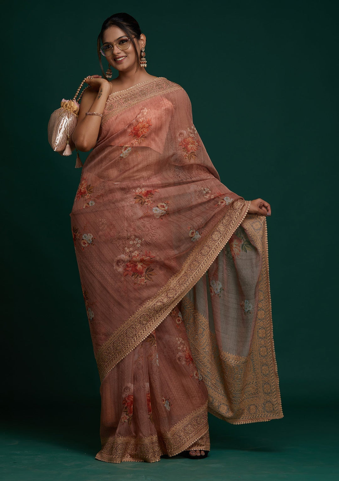 Peach Zariwork Art Silk Saree- Koskii