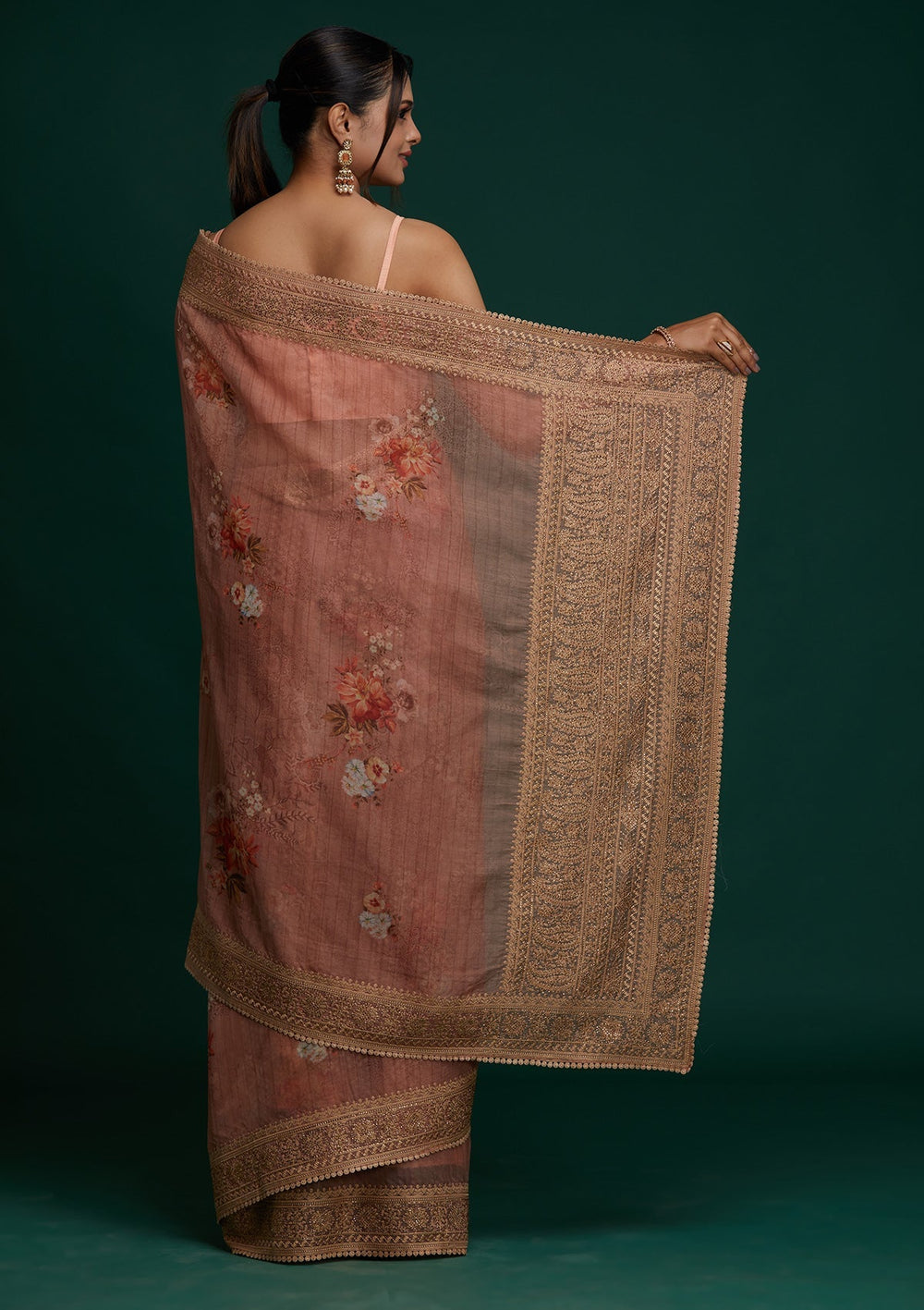 Peach Zariwork Art Silk Saree - Koskii