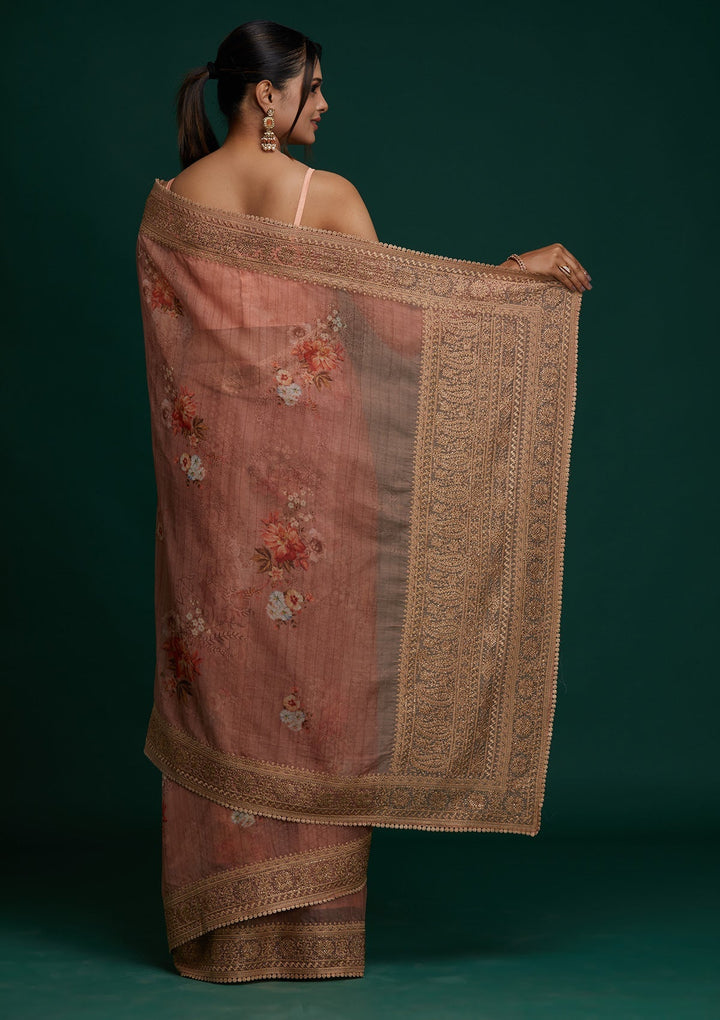 Peach Zariwork Art Silk Saree - Koskii