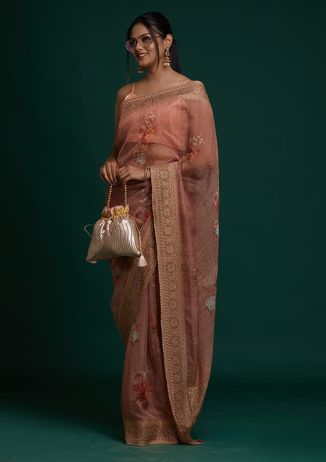 Peach Zariwork Art Silk Saree - Koskii