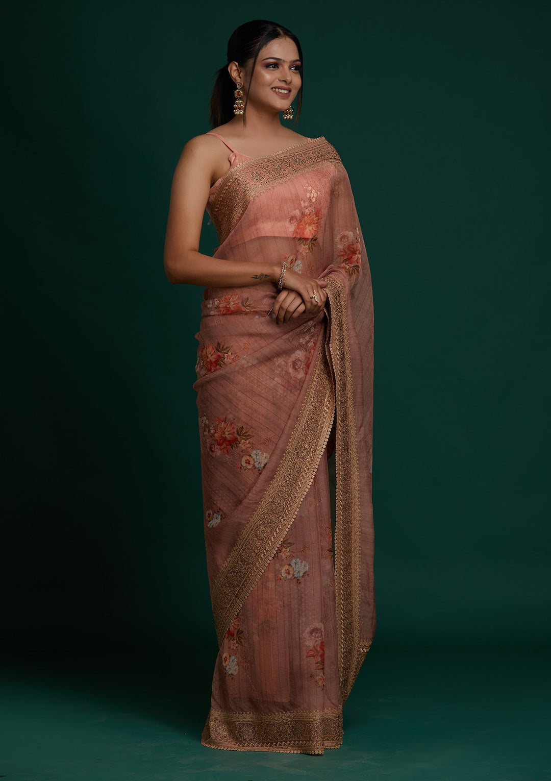 Peach Zariwork Art Silk Saree - Koskii