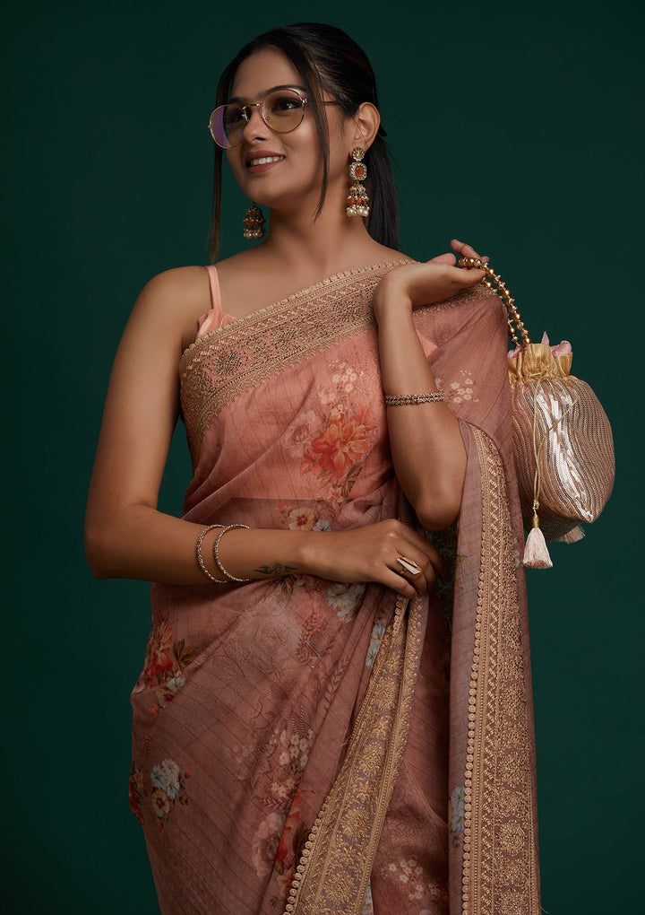 Peach Zariwork Art Silk Saree - Koskii