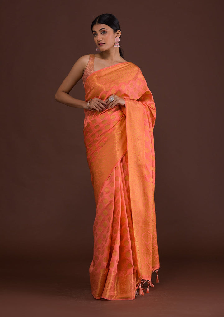 Peach Zariwork Art Silk Saree-Koskii