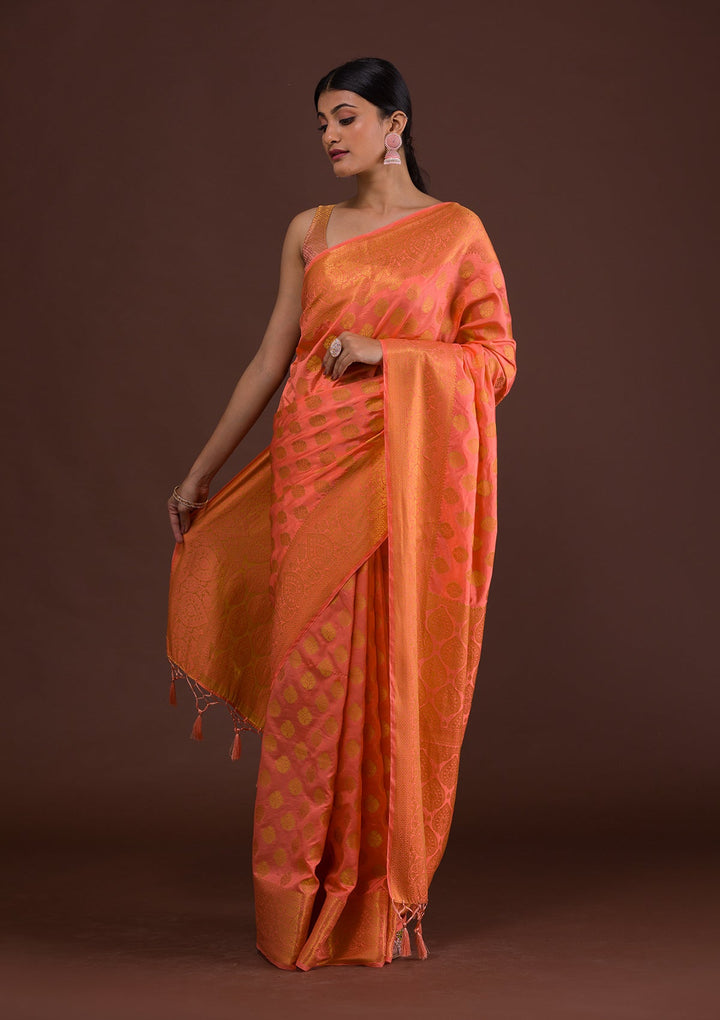 Peach Zariwork Art Silk Unstitched Saree-Koskii