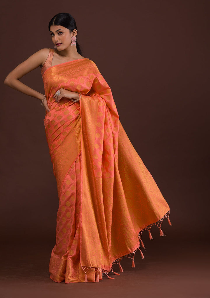 Peach Zariwork Art Silk Unstitched Saree-Koskii
