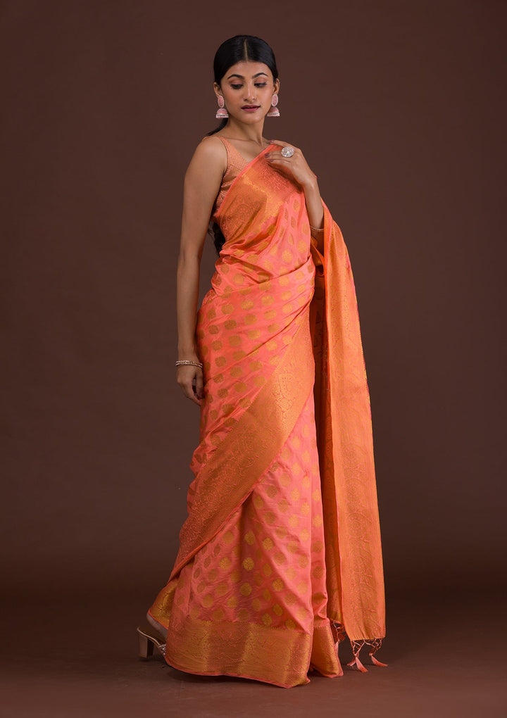 Peach Zariwork Art Silk Unstitched Saree-Koskii