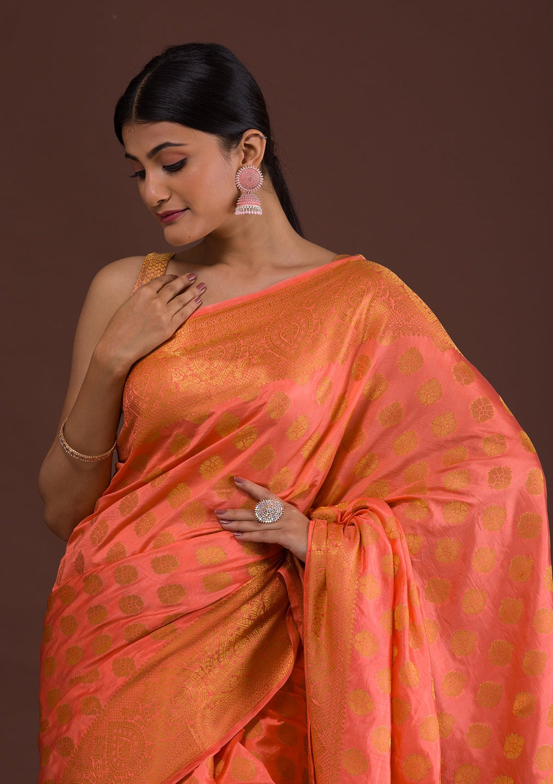 Peach Zariwork Art Silk Unstitched Saree-Koskii