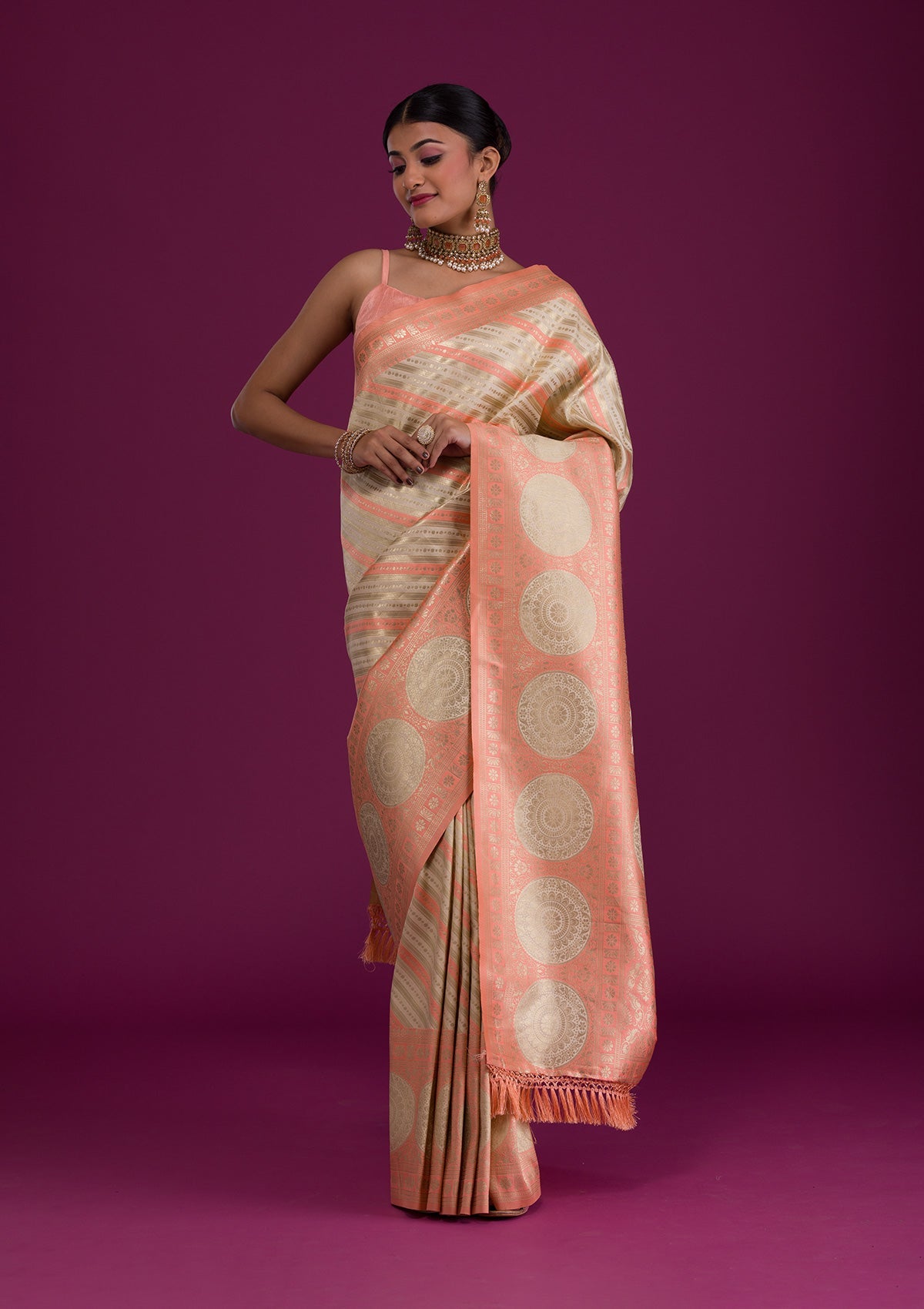 Peach Zariwork Art Silk Saree-Koskii