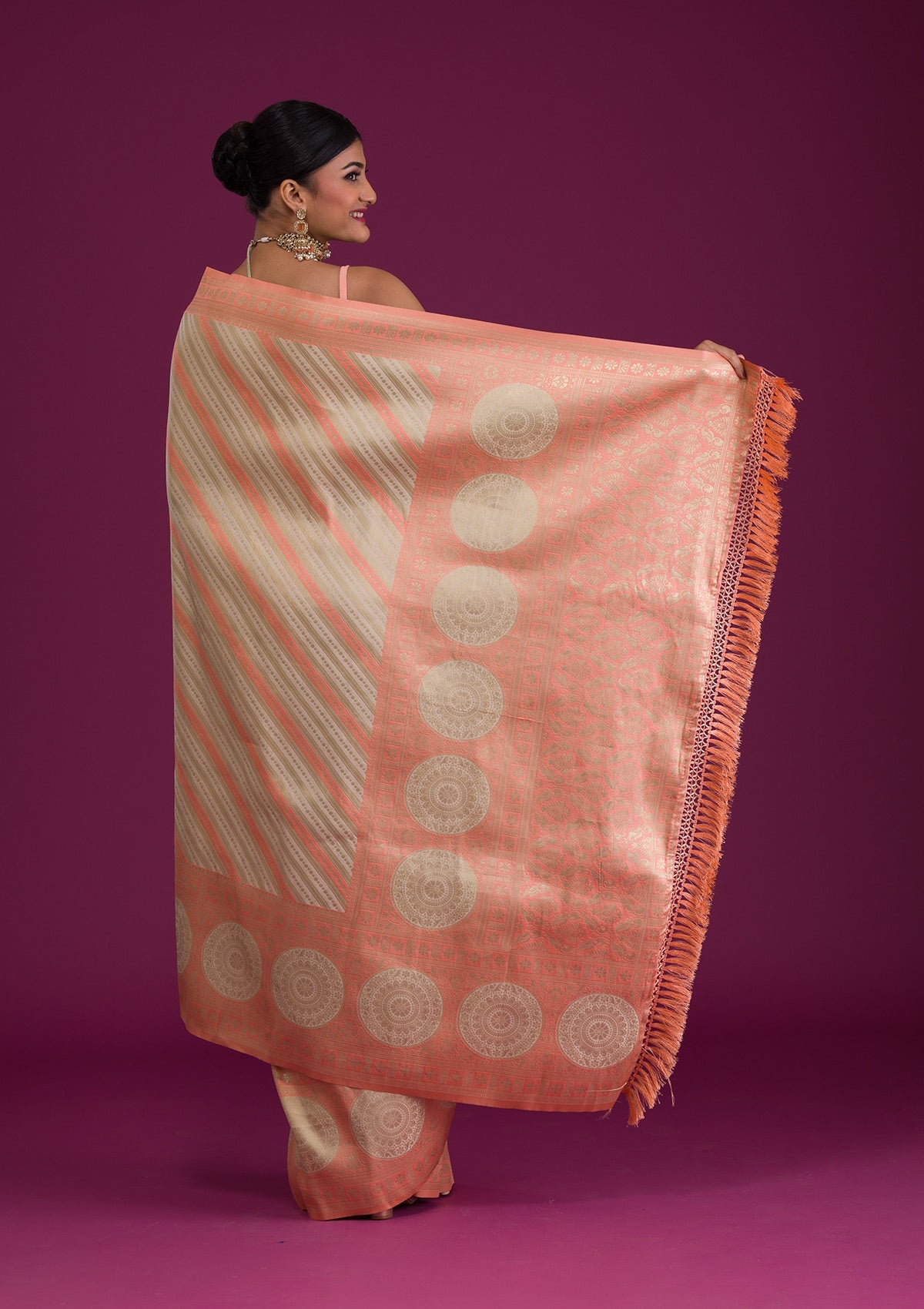 Peach Zariwork Art Silk Unstitched Saree-Koskii