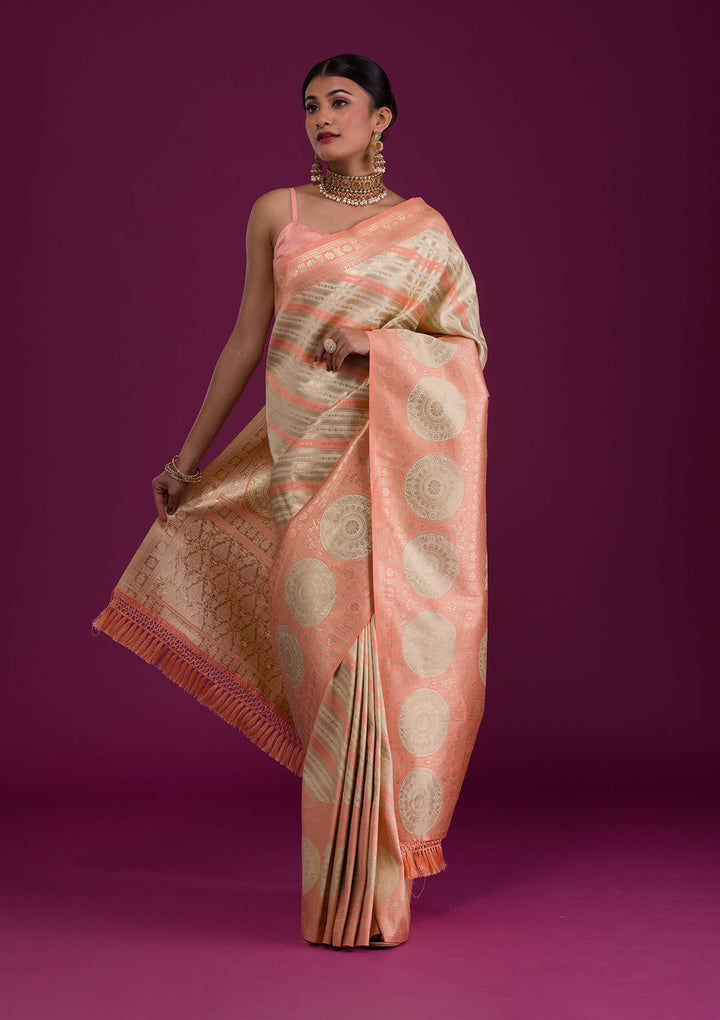 Peach Zariwork Art Silk Unstitched Saree-Koskii