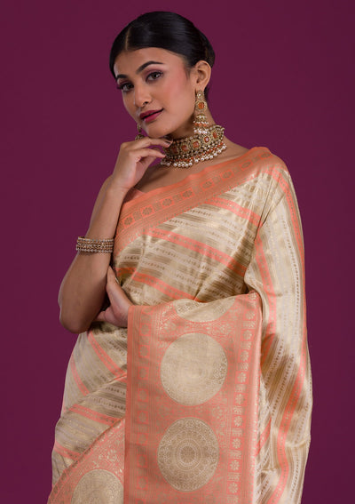 Peach Zariwork Art Silk Unstitched Saree-Koskii