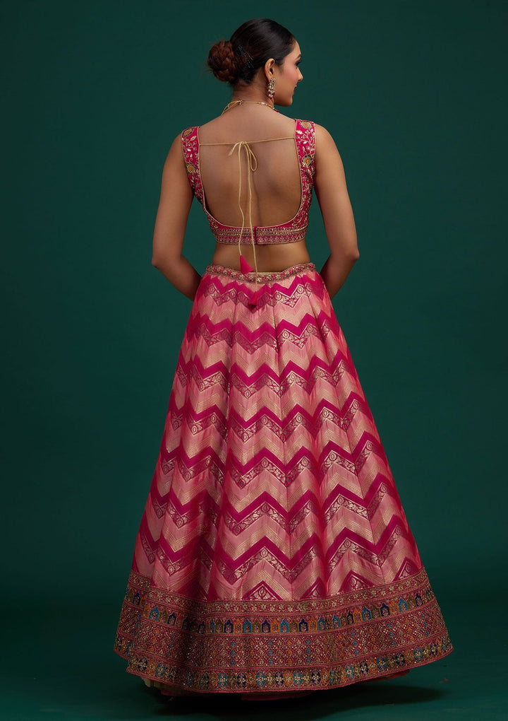 Peach Zariwork Banarasi Designer Semi-Stitched Lehenga - Koskii