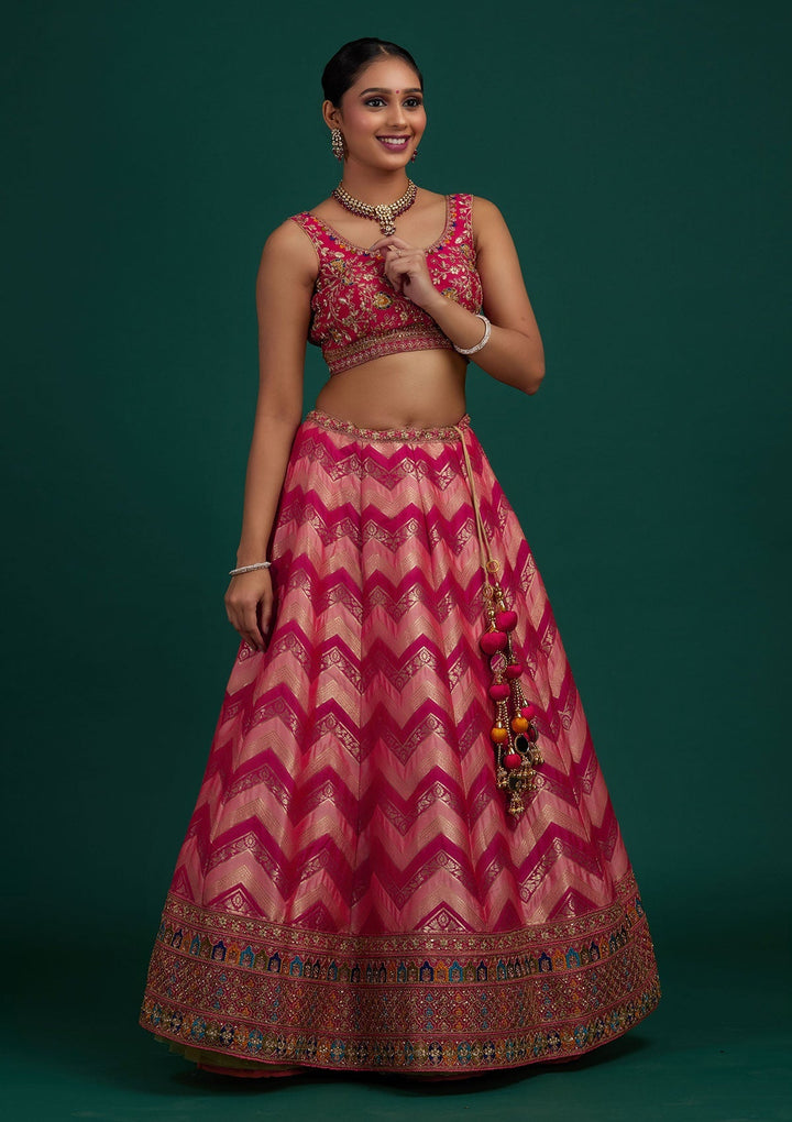Peach Zariwork Banarasi Designer Semi-Stitched Lehenga - Koskii