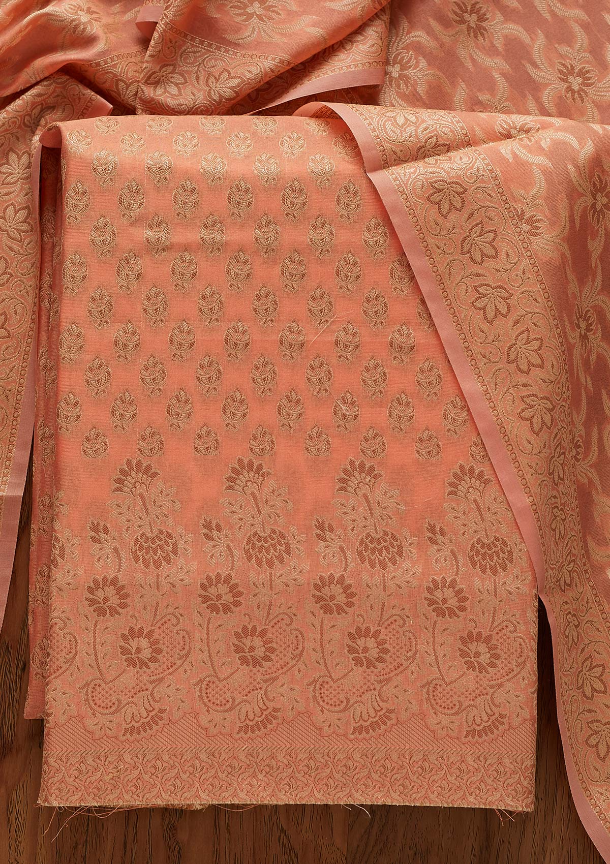 Peach Zariwork Banarasi Designer Unstitched Salwar Suit - koskii