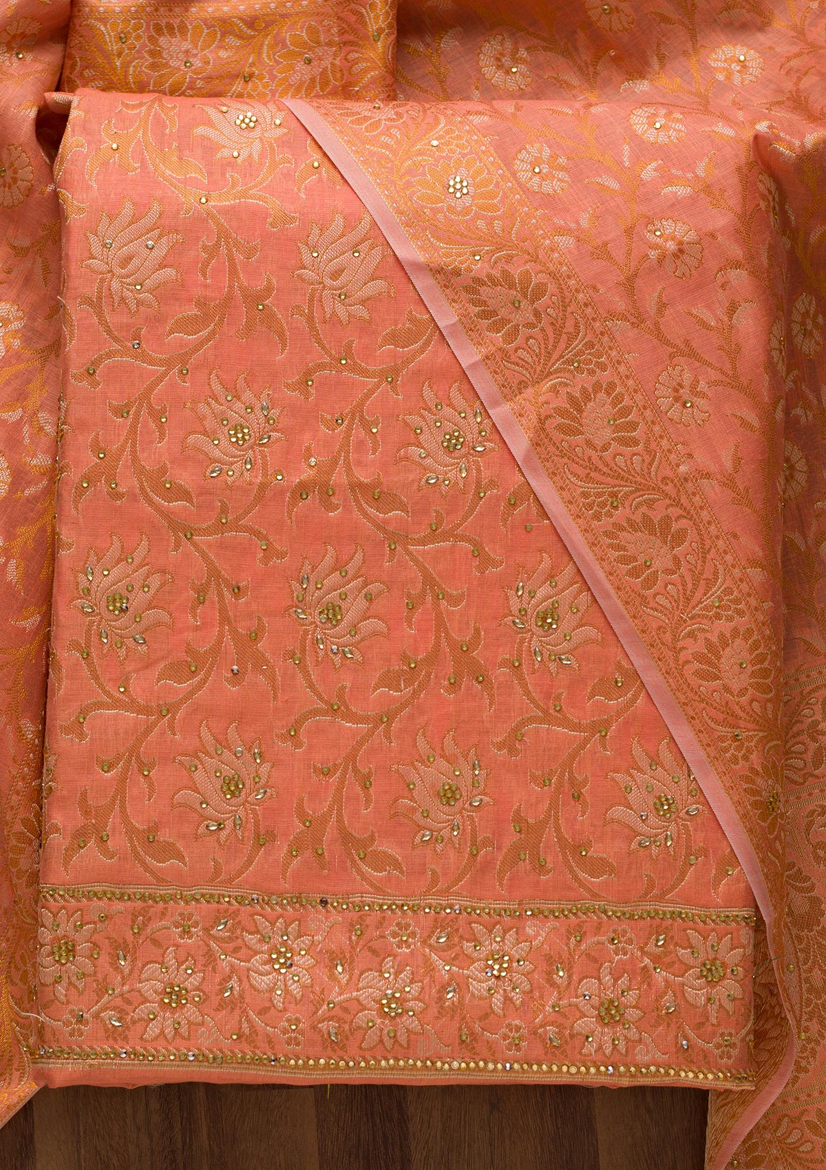 Peach Zariwork Banarasi Unstitched Salwar Suit-Koskii