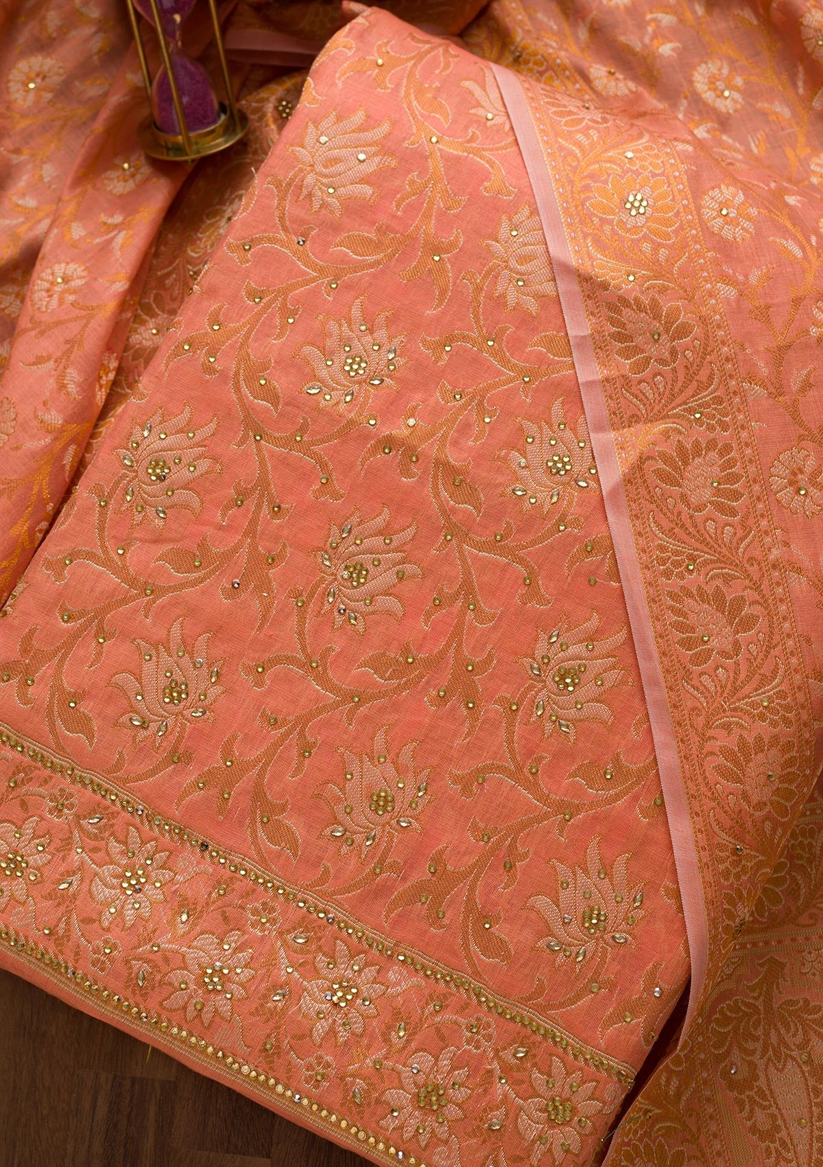 Peach Zariwork Banarasi Unstitched Salwar Suit-Koskii