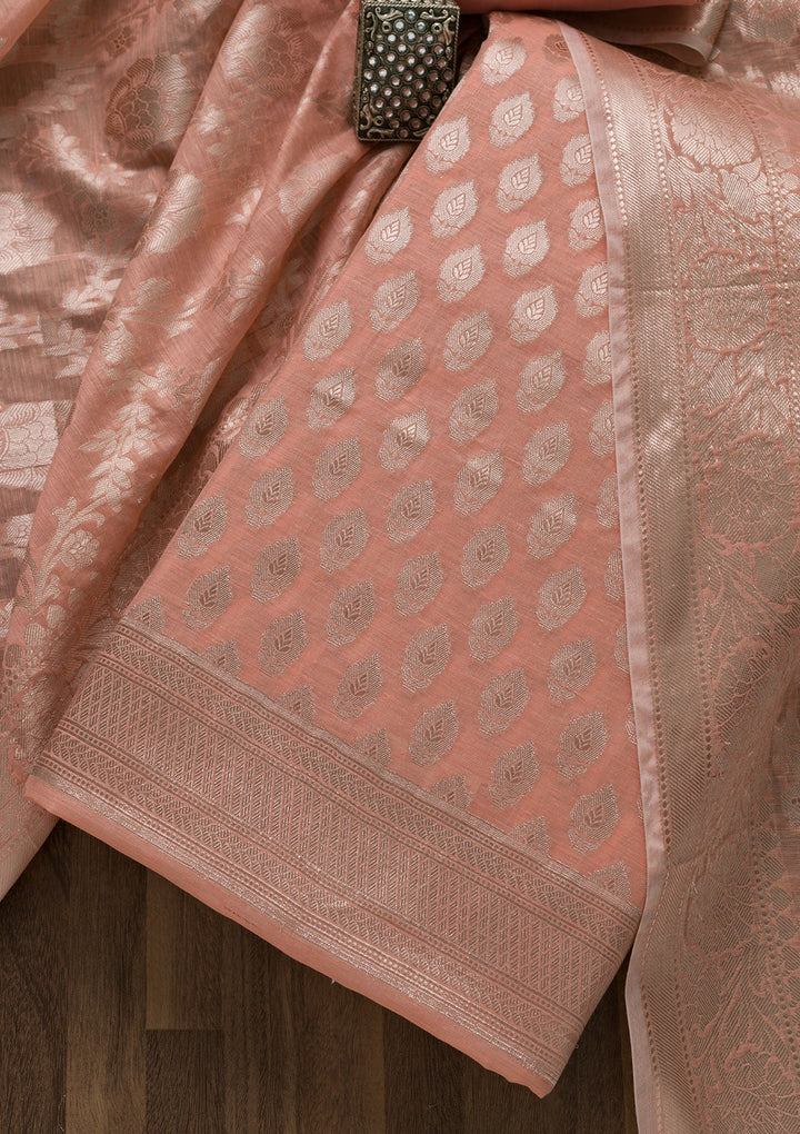 Peach Zariwork Banarasi Unstitched Salwar Suit-Koskii