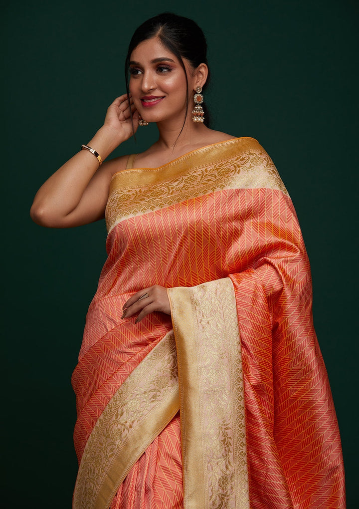 Peach Zariwork Banarasi Designer Saree - Koskii