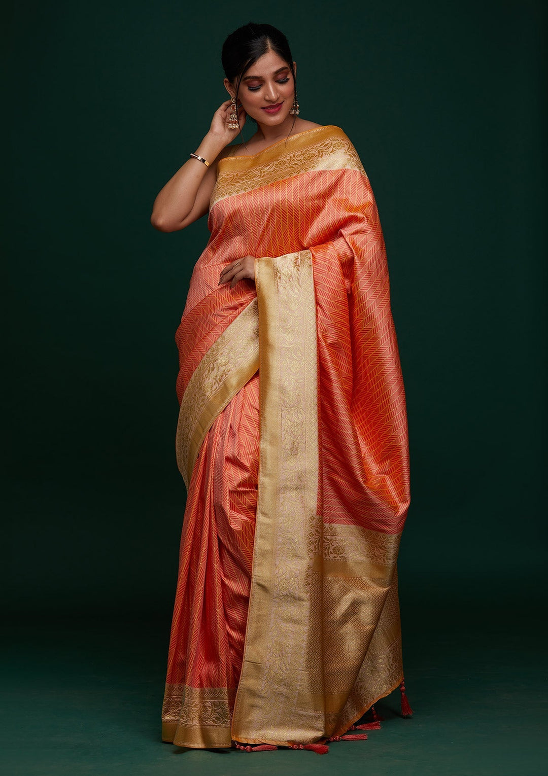 Peach Zariwork Banarasi Designer Saree - Koskii