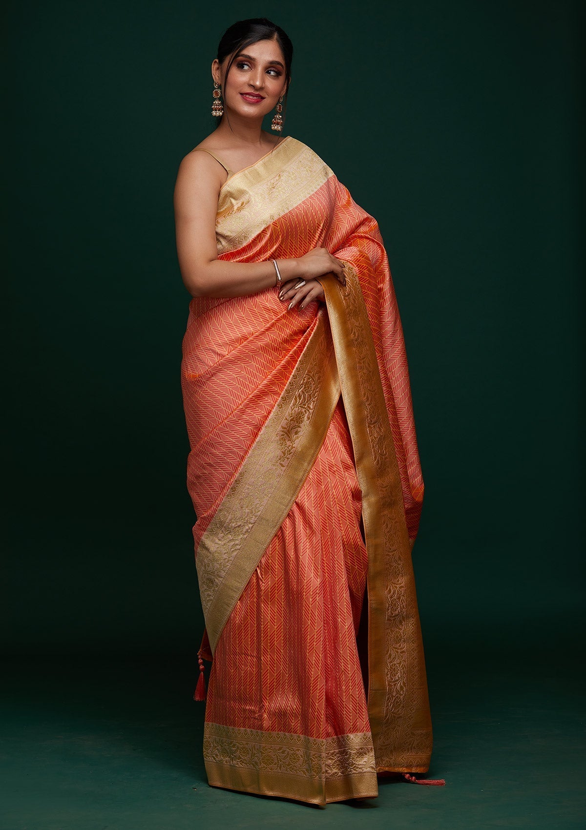 Peach Zariwork Banarasi Designer Saree - Koskii