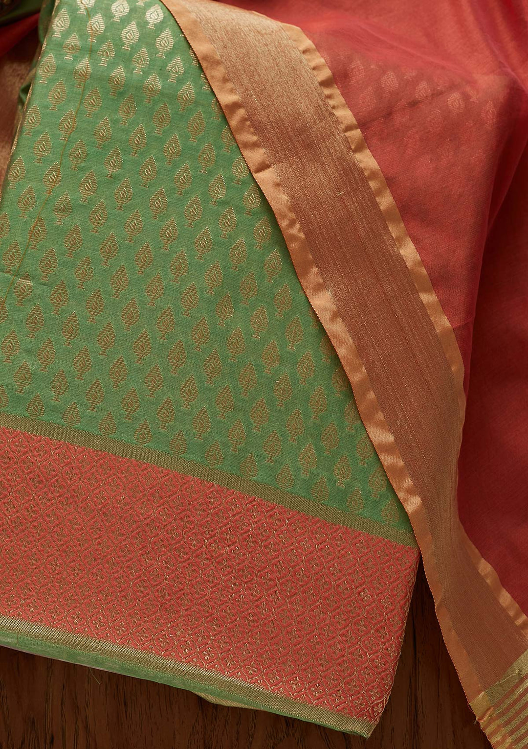 Peach Zariwork Brocade Designer Unstitched Salwar Suit - Koskii