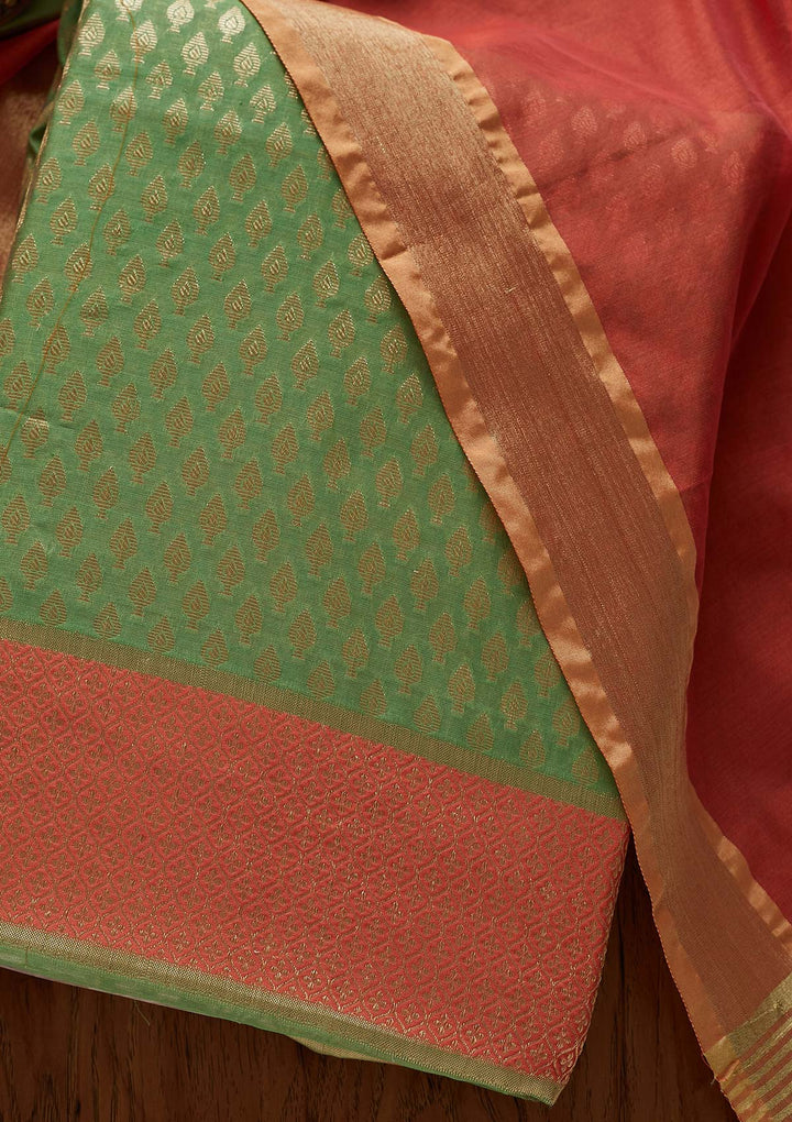 Peach Zariwork Brocade Designer Unstitched Salwar Suit - Koskii