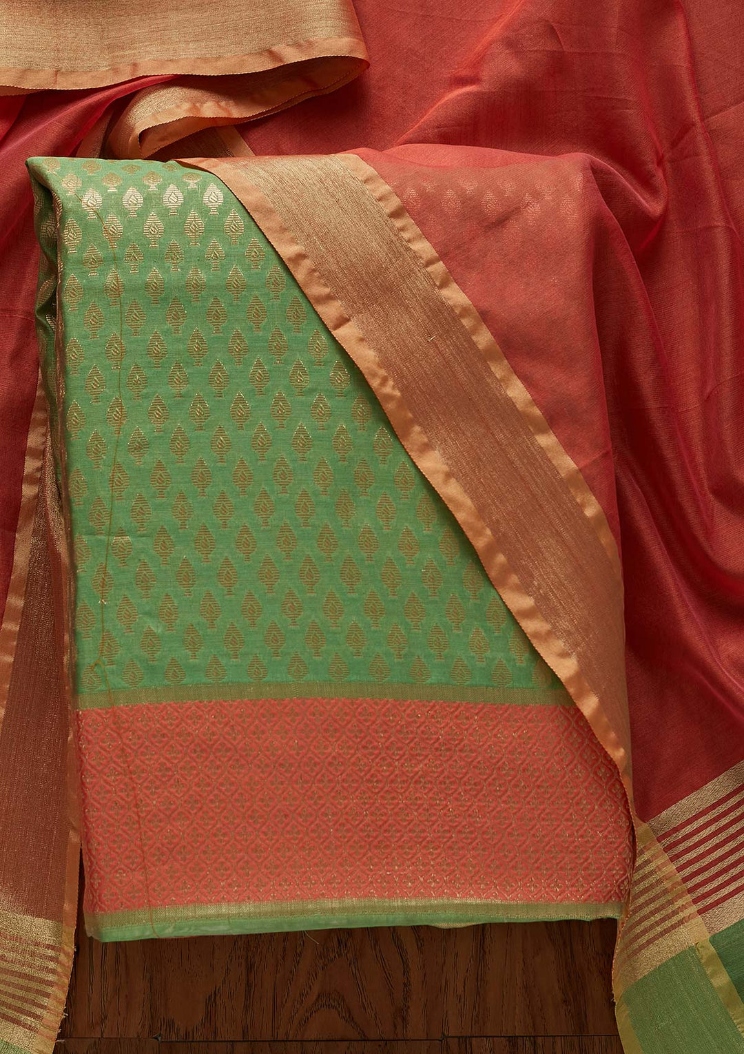 Peach Zariwork Brocade Designer Unstitched Salwar Suit - Koskii