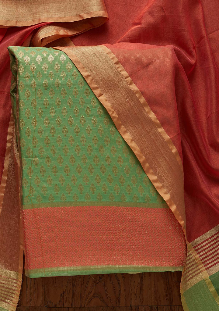 Peach Zariwork Brocade Designer Unstitched Salwar Suit - Koskii