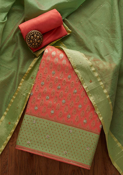 Peach Zariwork Brocade Designer Unstitched Salwar Suit - Koskii
