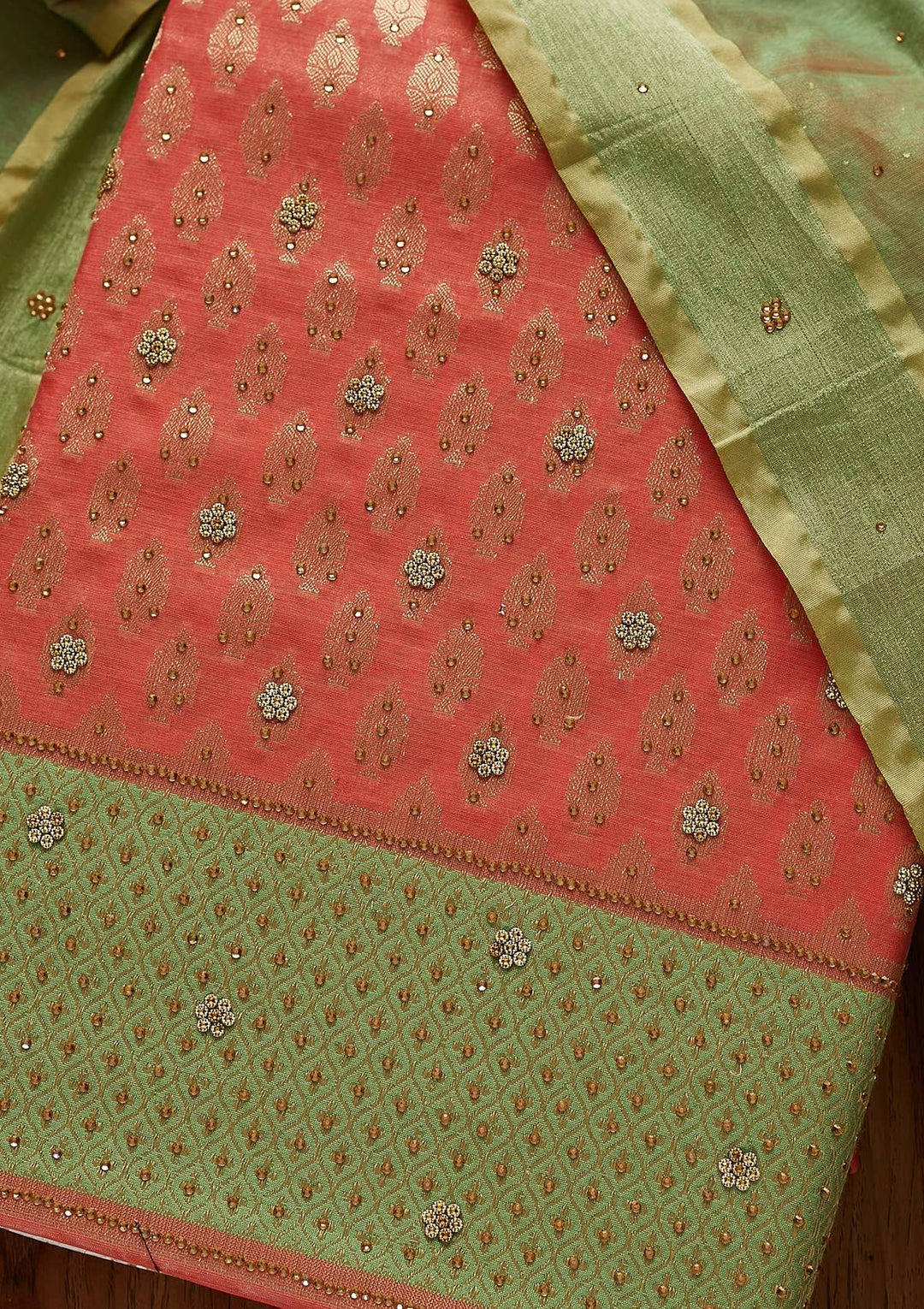 Peach Zariwork Brocade Designer Unstitched Salwar Suit - Koskii