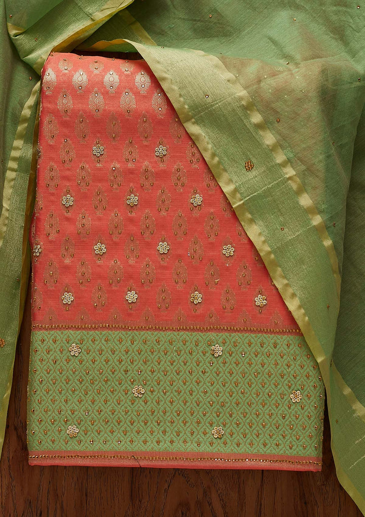 Peach Zariwork Brocade Designer Unstitched Salwar Suit - Koskii